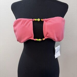 Forever 21 Women's‎ Beaded Ribbed Super Pink Bikini Top Removable Pads XL New